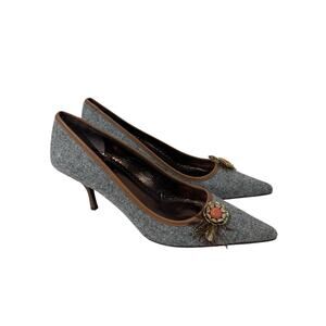 J. Crew Vintage Tweed Kitten Heels Womens 9 Embellished Jewel w Quail Feathers